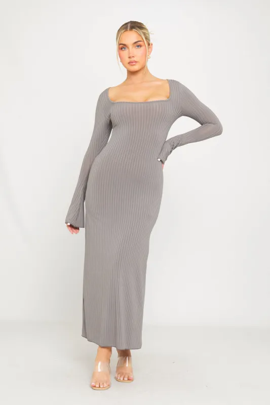 Grey Ribbed Knit Square Neck Mermaid Maxi Dress sold by Nothingbutstyle