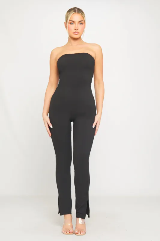 Black Ribbed Bandeau Split Flared Hem Jumpsuit sold by Nothingbutstyle