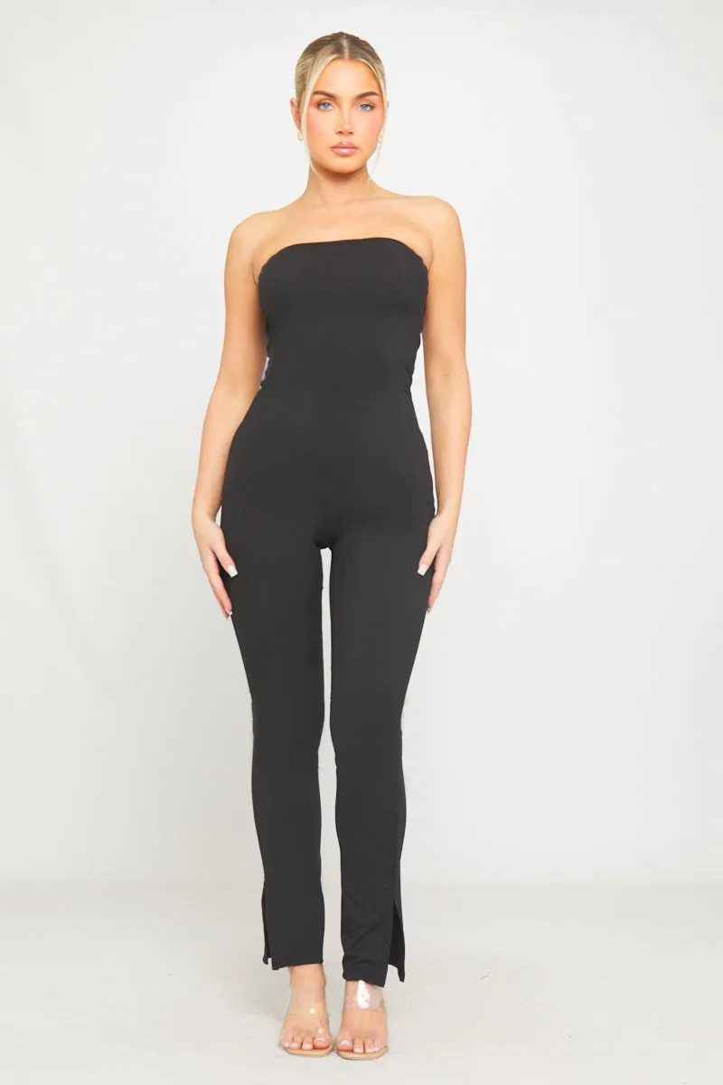 Black Ribbed Bandeau Split Flared Hem Jumpsuit sold by Nothingbutstyle