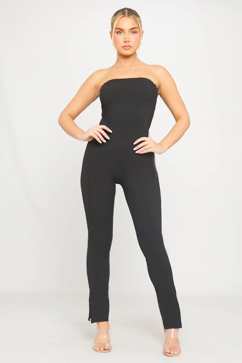 Black Ribbed Bandeau Split Flared Hem Jumpsuit sold by Nothingbutstyle product image thumbnail 2