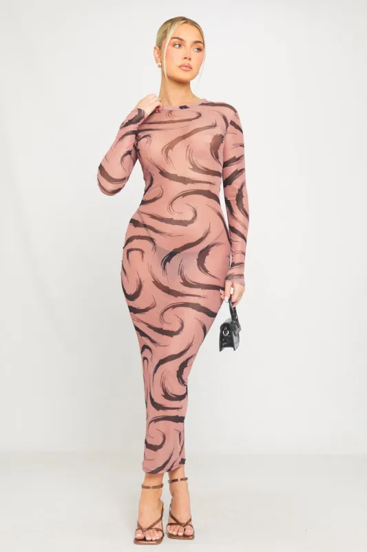 Mocha Sheer Mesh Printed Long Sleeve Maxi Dress sold by Nothingbutstyle