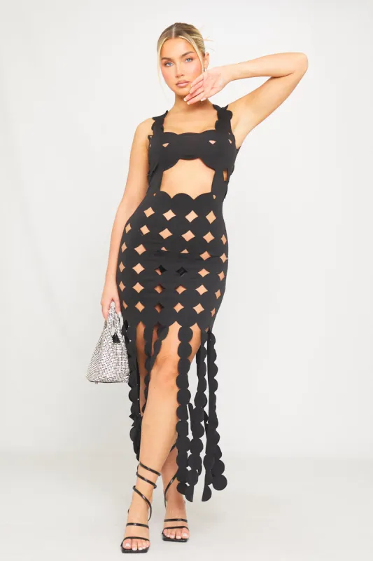 Black Multi Circle Cut Out Asymmetric Maxi Dress sold by Nothingbutstyle