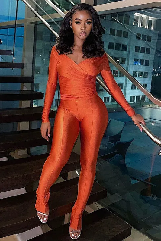 Orange Plunge Long Sleeve Wrap Top & Split Leggings Co-Ord sold by Nothingbutstyle
