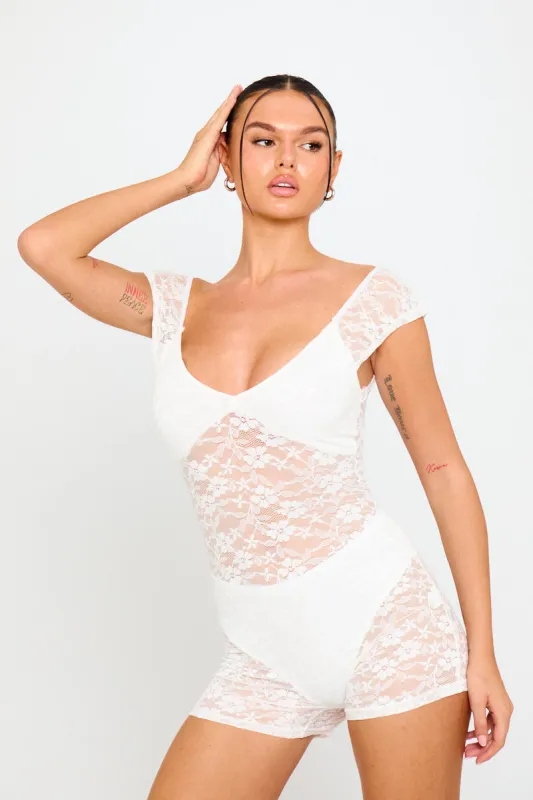 White Sheer Floral Lace Cap Sleeve Playsuit sold by Nothingbutstyle