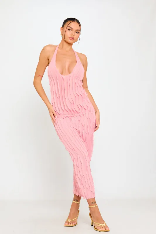 Pink Plunge Halterneck Ruffle Detail Maxi Dress sold by Nothingbutstyle