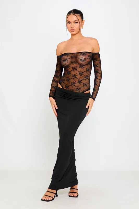 Black Sheer Lace Off Shoulder Long Sleeve Bodysuit sold by Nothingbutstyle