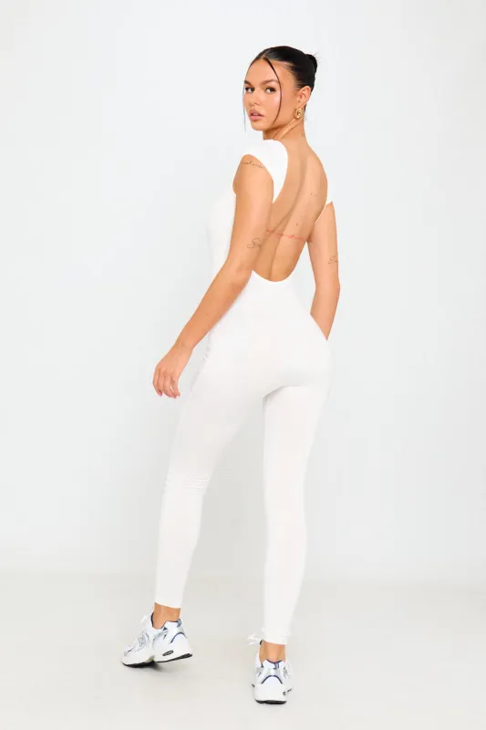 White Open Back Scoop Neck Cap Sleeve Jumpsuit sold by Nothingbutstyle