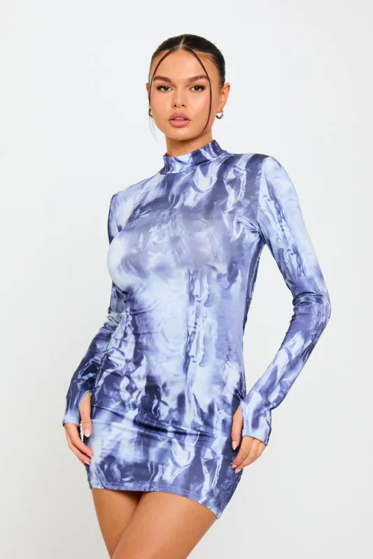Blue Geometric Print High Neck Long Sleeve Mini Dress sold by Nothingbutstyle