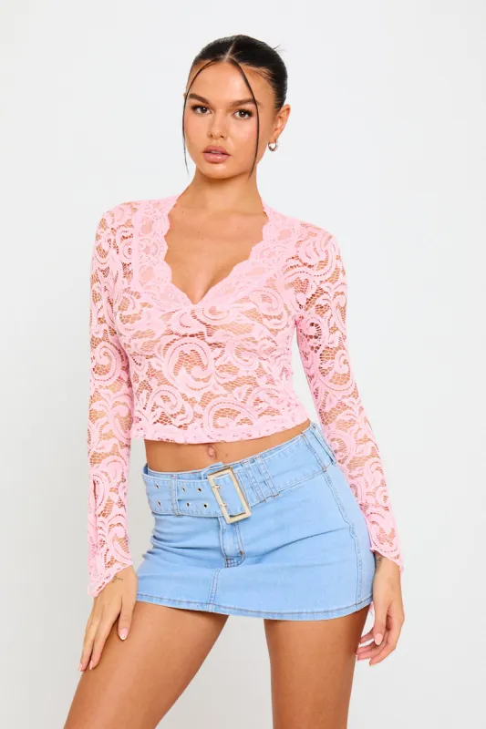 Pink Sheer Lace Plunge Flared Sleeve Crop Top sold by Nothingbutstyle