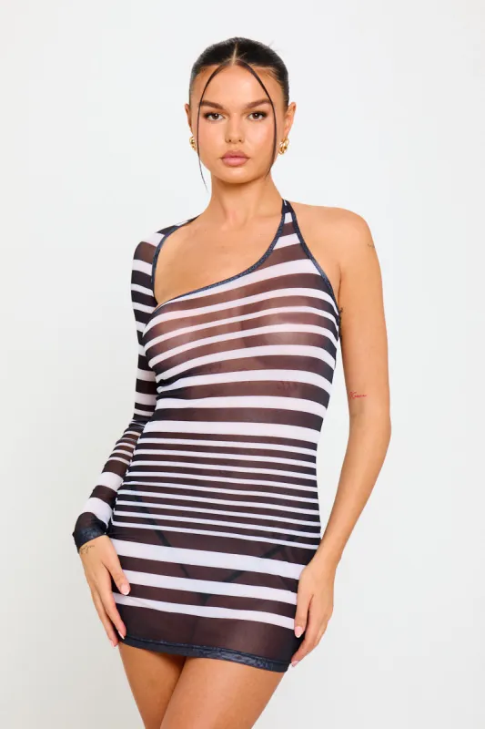 Black Sheer Stripe One Sleeve Mini Dress sold by Nothingbutstyle