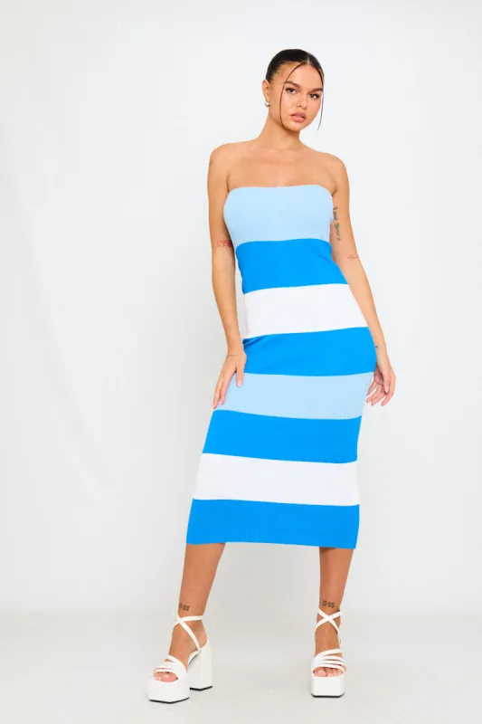 Blue Contrast Knit Bandeau Tube Bodycon Midi Dress sold by Nothingbutstyle