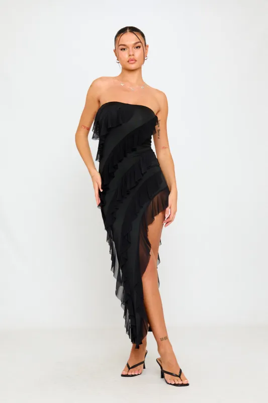Black Ruffle Detail Bandeau Bodycon Maxi Dress sold by Nothingbutstyle