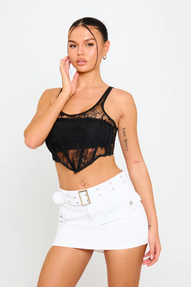 Black Sheer Mesh Lace Detail Corset Crop Top sold by Nothingbutstyle