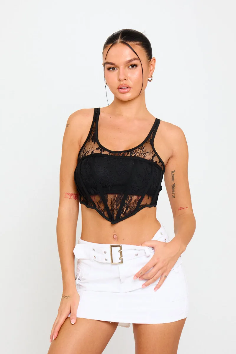 Black Sheer Mesh Lace Detail Corset Crop Top sold by Nothingbutstyle product image thumbnail 2