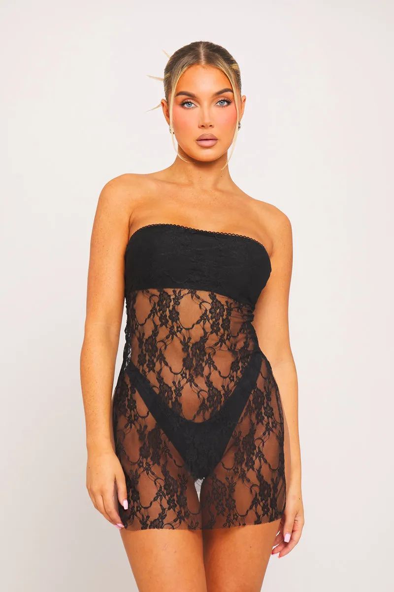 Black Mesh Lace Side Split Detail Bandeau Mini Dress sold by Nothingbutstyle product image thumbnail 3