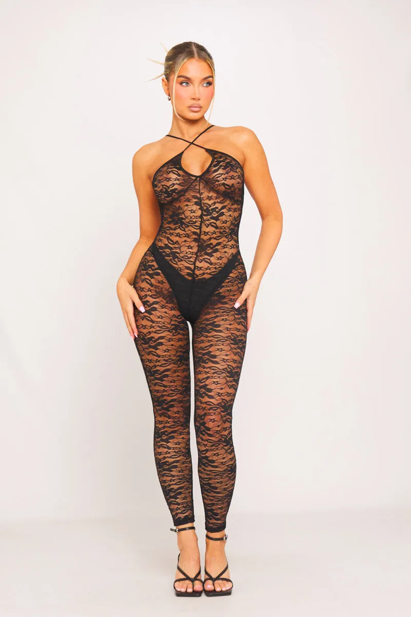 Black Lace Plunge Bustier Cross Back Jumpsuit sold by Nothingbutstyle