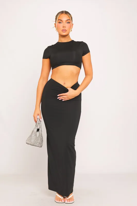 Black Seamless Short Sleeve Crop Top & Maxi Skirt Co-Ord sold by Nothingbutstyle
