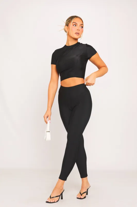 Black Shine Pin Tuck Short Sleeve Top & Leggings Co-Ord sold by Nothingbutstyle