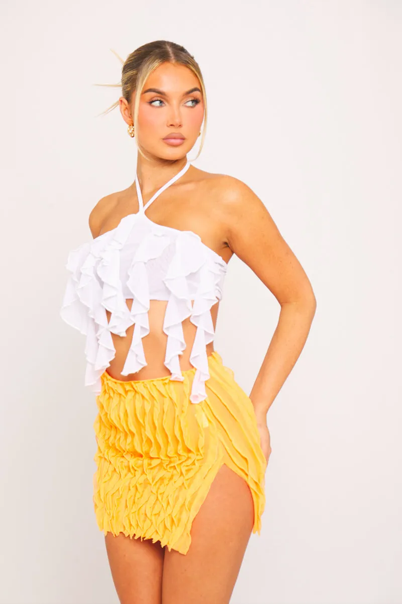 White Halterneck Sheer Ruffle Detail Crop Top sold by Nothingbutstyle