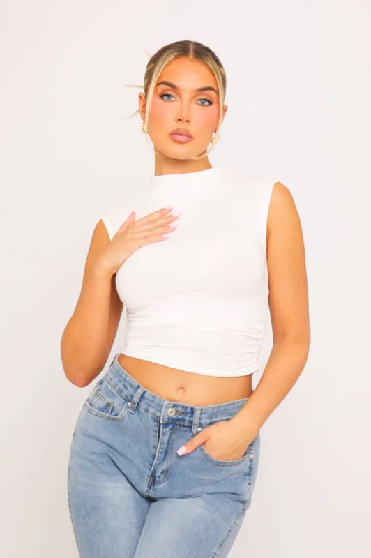 White High Neck Sleeveless Ruched Crop Top sold by Nothingbutstyle