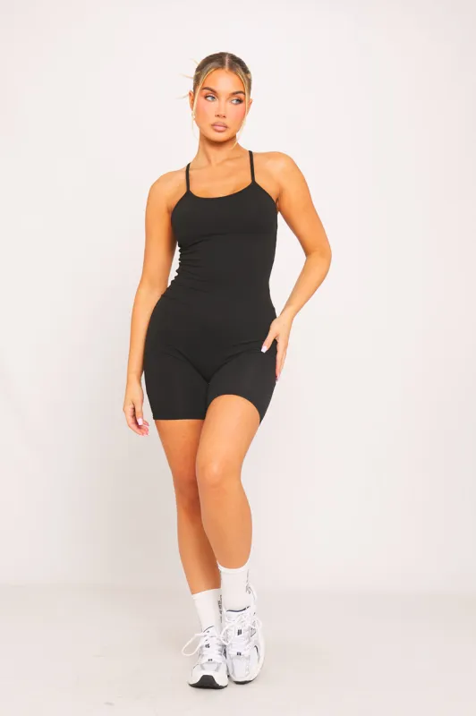 Black Seamless Spaghetti Strap Cross Back Playsuit sold by Nothingbutstyle