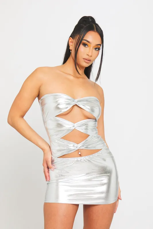 Silver Metallic Ruched Cut Out Detail Bandeau Mini Dress sold by Nothingbutstyle