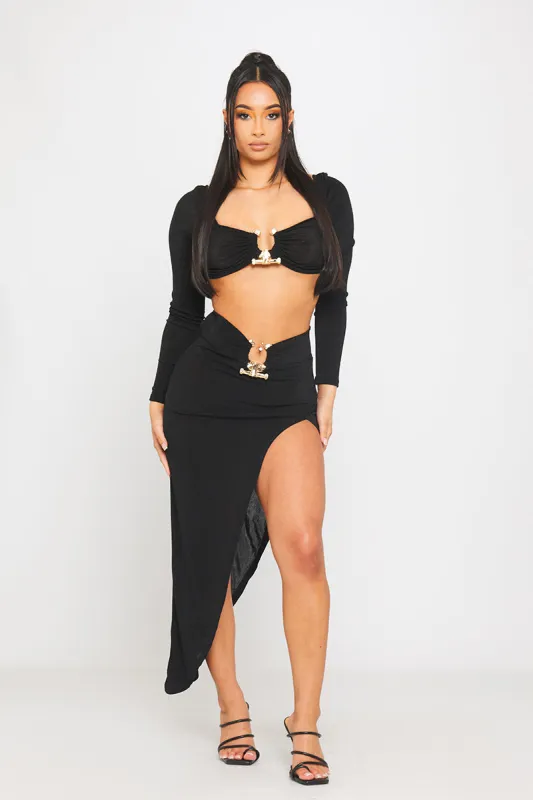 Black Hammered Trim Long Sleeve Top & Slit Midi Skirt sold by Nothingbutstyle
