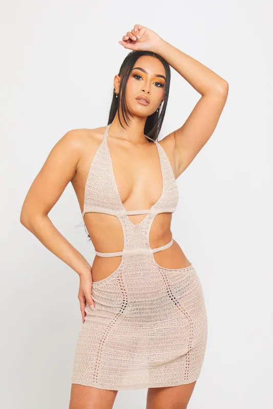 Sand Crochet Knit Halterneck Cut Out Backless Mini Dress sold by Nothingbutstyle