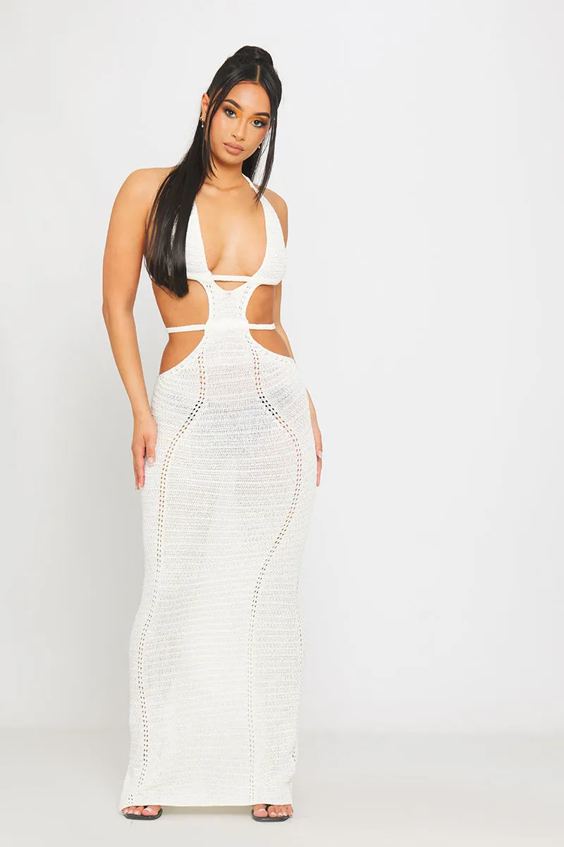 Cream Crochet Knit Halterneck Cut Out Backless Maxi Dress sold by Nothingbutstyle