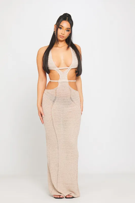 Sand Crochet Knit Halterneck Cut Out Backless Maxi Dress sold by Nothingbutstyle