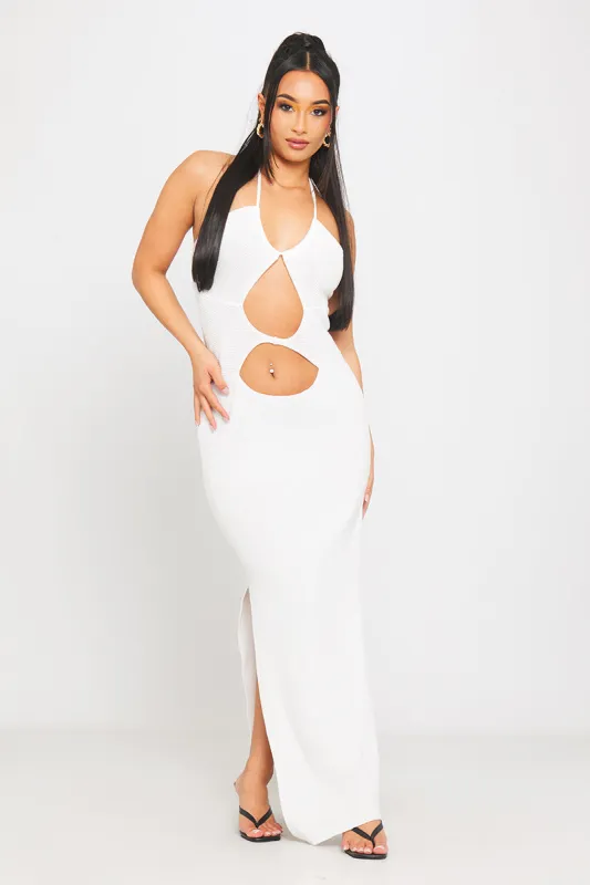 White Crochet Knit Cut Out Halterneck Split Midi Dress sold by Nothingbutstyle