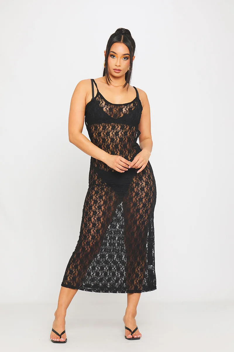 Black Lace Sheer Strappy Open Back Bodycon Midi Dress sold by Nothingbutstyle product image thumbnail 2