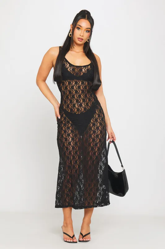 Black Lace Sheer Strappy Open Back Bodycon Midi Dress sold by Nothingbutstyle