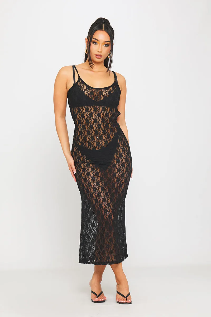 Black Lace Sheer Strappy Open Back Bodycon Midi Dress sold by Nothingbutstyle product image thumbnail 3