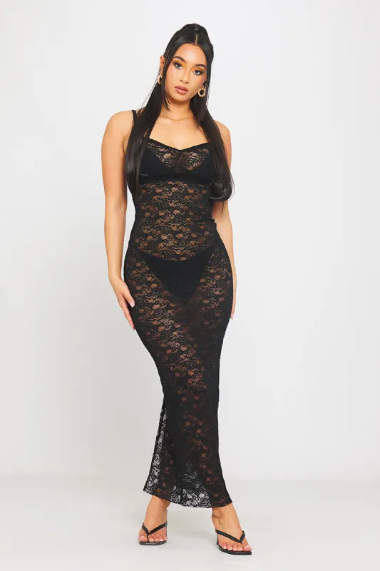 Black Floral Lace Sheer Plunge Bodycon Midi Dress sold by Nothingbutstyle