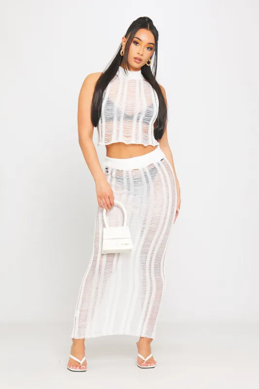 White Shredded Knit Ladder Detail Maxi Skirt sold by Nothingbutstyle