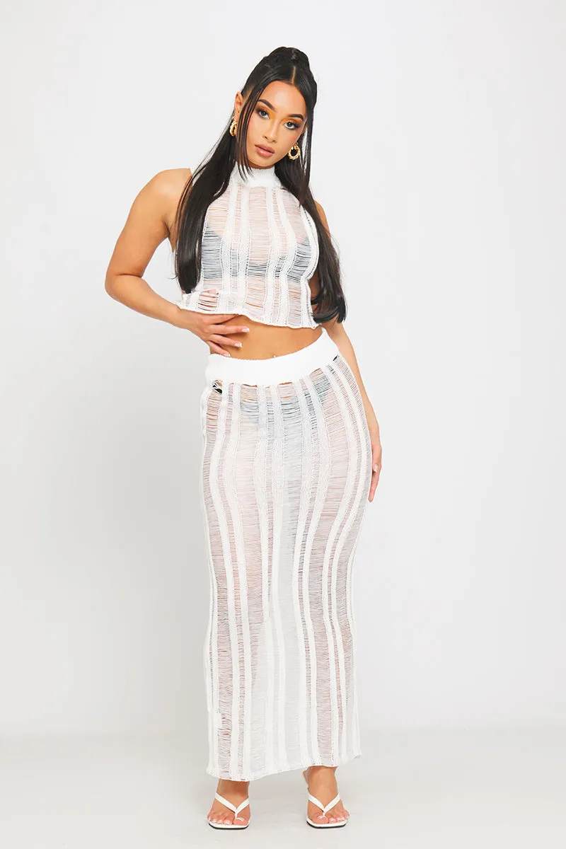 White Shredded Knit Ladder Detail Maxi Skirt sold by Nothingbutstyle product image thumbnail 2