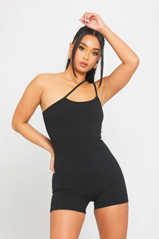 Black Ribbed Asymmetric One Shoulder Playsuit sold by Nothingbutstyle