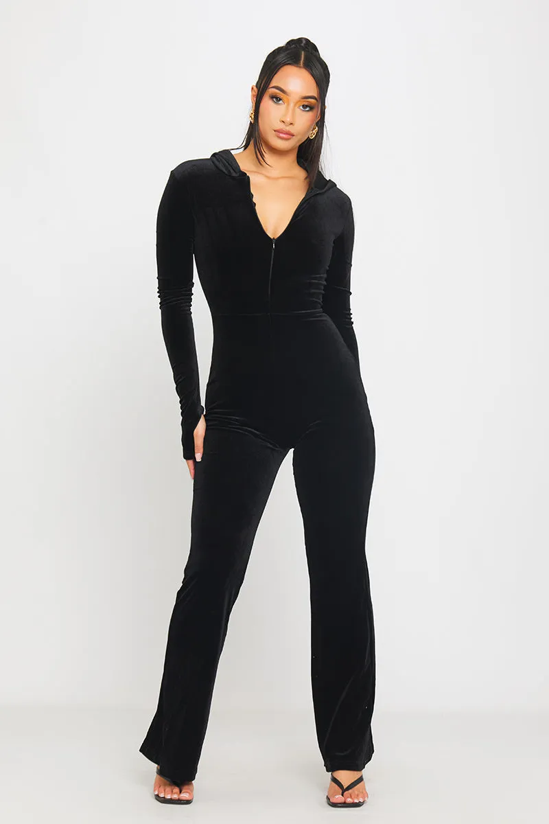 Black Velvet Flared Leg Hooded Zip Front Jumpsuit sold by Nothingbutstyle product image thumbnail 3