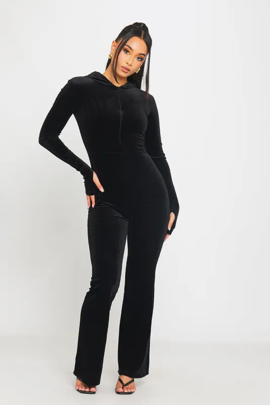 Black Velvet Flared Leg Hooded Zip Front Jumpsuit sold by Nothingbutstyle