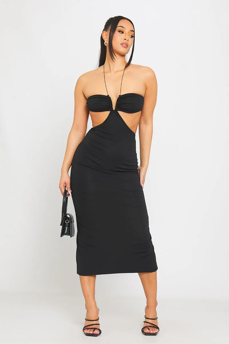 Black Halter Spaghetti Strap Cut Out Detail Midi Dress sold by Nothingbutstyle