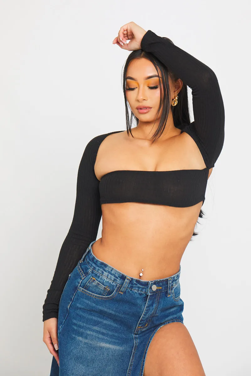 Black Rib Knit Square Neck Long Sleeve Crop Top sold by Nothingbutstyle