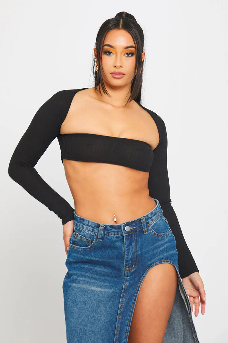 Black Rib Knit Square Neck Long Sleeve Crop Top sold by Nothingbutstyle product image thumbnail 3
