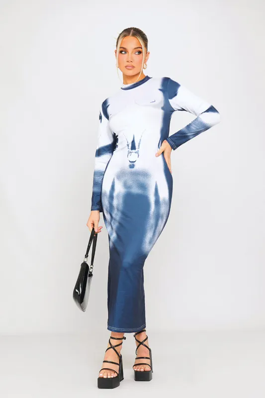 Blue & White Body Art Print High Neck Midi Dress sold by Nothingbutstyle