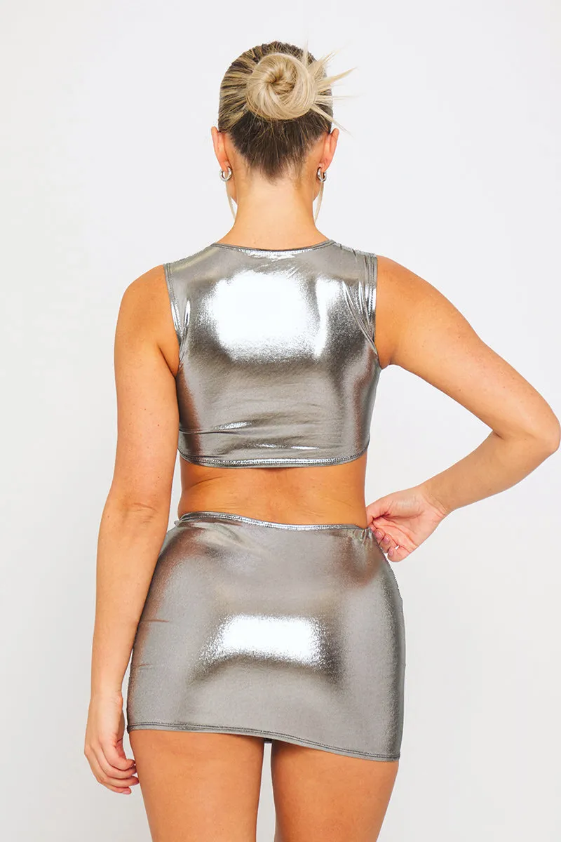 Silver Metallic Sleeveless Crop Top & Mini Skirt Co-Ord sold by Nothingbutstyle product image thumbnail 4