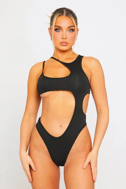 Black Asymmetric Cut Out Sleeveless Bodysuit sold by Nothingbutstyle