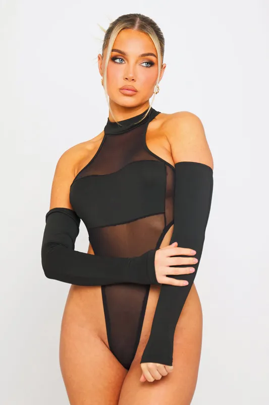 Black Mesh Extreme High Leg Bodysuit With Sleeves sold by Nothingbutstyle