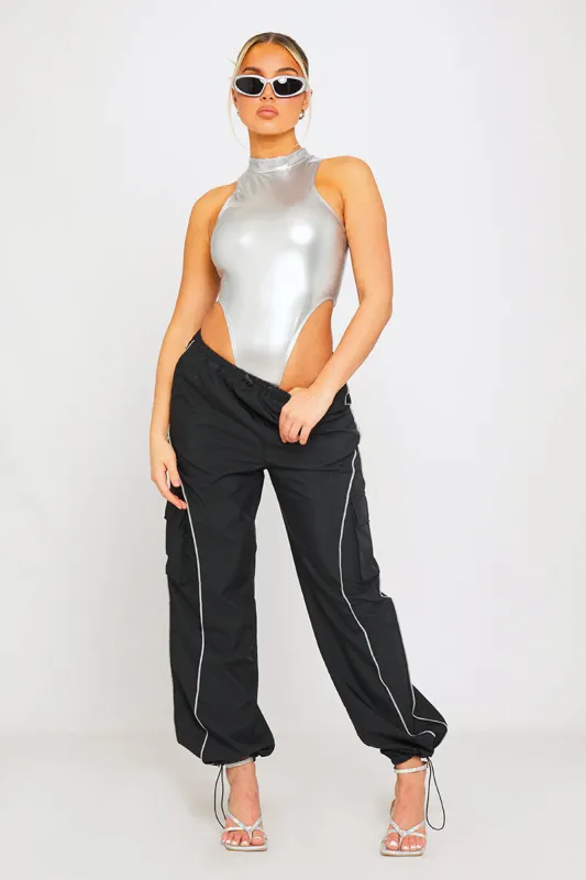 Silver Metallic High Neck Racer Cut Sleeveless Bodysuit sold by Nothingbutstyle