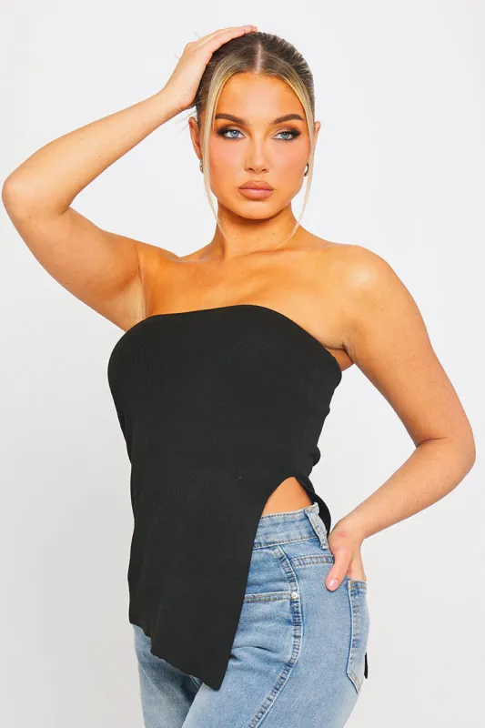 Black Ribbed Side Slit Longline Bandeau Top sold by Nothingbutstyle