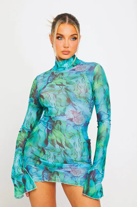 Blue Sheer Mesh Floral Print Long Sleeve Mini Dress sold by Nothingbutstyle